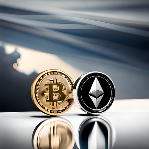A piece of BTC and another of ETH on a desk