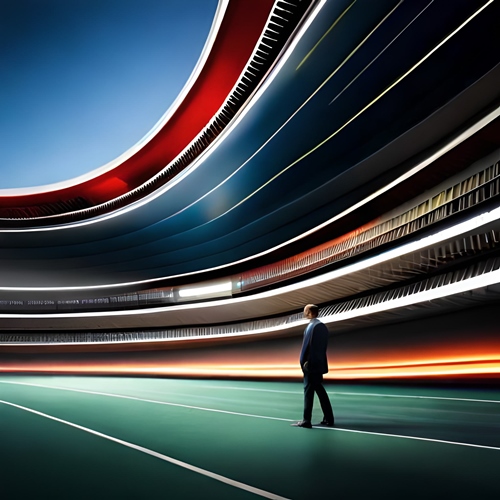 A man walks alone in a virtual games stadium