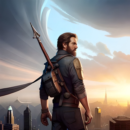 A video game hero, armed above a modern city